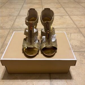 Micheal Kors Metallic Gold Strappy High Heel Sandals with Front Zip